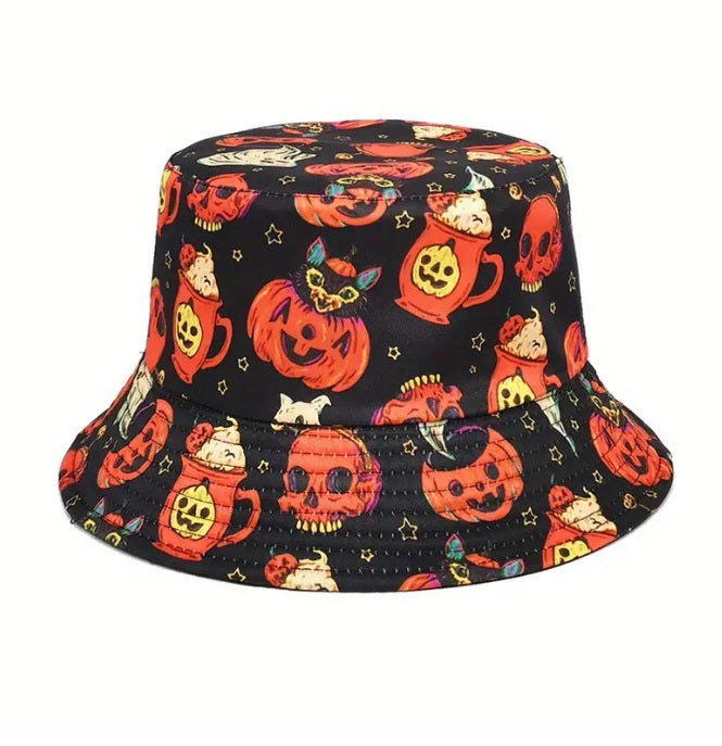 Halloween Sugar Skull Cute Cat Kittens Pumpkin Bucket Hat Reversible Festival Party Pumpkin Spice