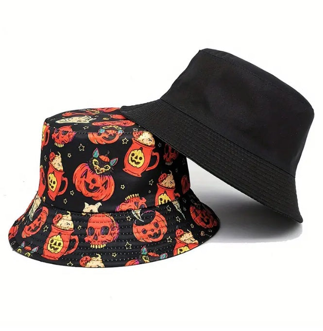 Halloween Sugar Skull Cute Cat Kittens Pumpkin Bucket Hat Reversible Festival Party Pumpkin Spice