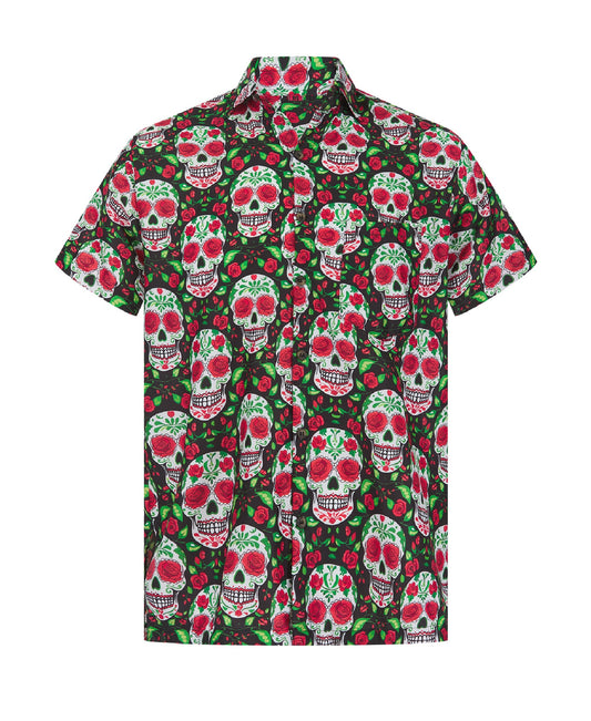 Sugar Skull Hawaiian Shirt Halloween Print Party Fancy Dress Day Of The Dead Roses Mens Mexico S-XL