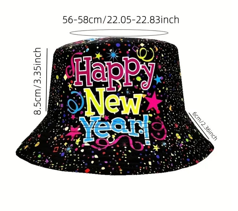 Happy New Year Bucket Hat Novelty Print NYC Party Stag Celebration Champagne Prop Festival Mens