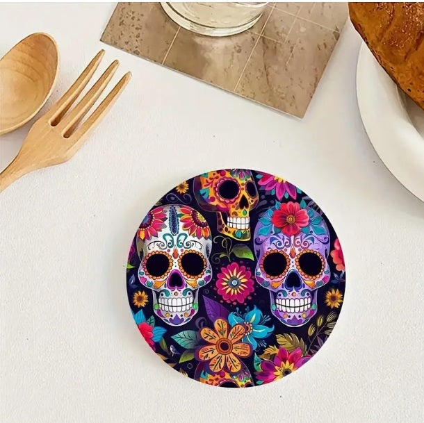 3 Pack Sugar Skull Hawaiian Coaster Mat Beer Wooden Bar Glass Halloween Theme Dia De Los Muertos