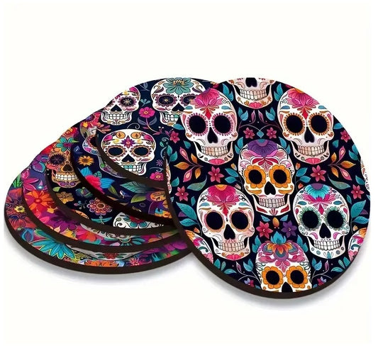 3 Pack Sugar Skull Hawaiian Coaster Mat Beer Wooden Bar Glass Halloween Theme Dia De Los Muertos