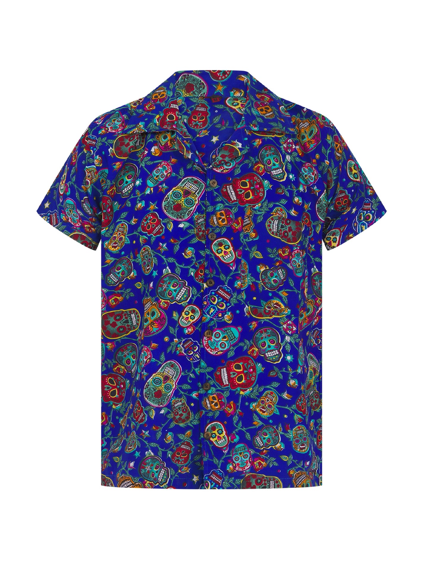 Sugar Skull Hawaiian Shirt Black Halloween Pumpkin Stag Day Of The Dead Shirt Mexico Blue S-XL