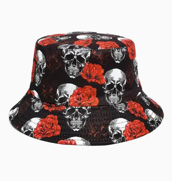 Sugar Skull Bucket Hat Halloween Day Of The Dead Festival Party Reversible Fancy Dress Mens Roses Vine